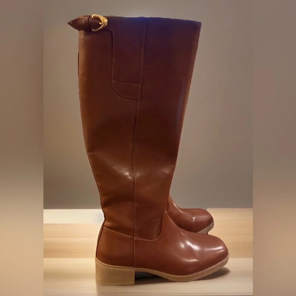 Aerosoles Tall Riding Boots Cognac Brown Sz 7.5 Wide, Block Heel, Side Zip, NWOT